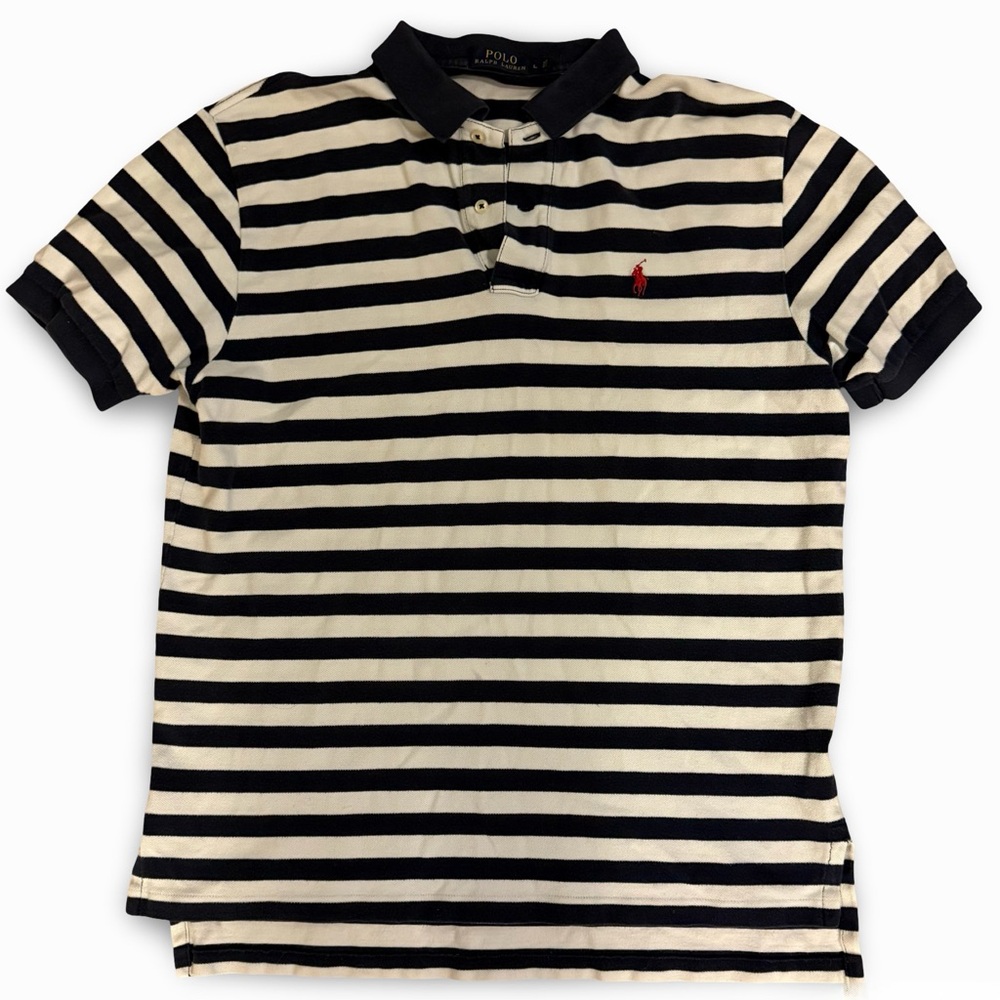 Ralph Lauren Polo Shirt Men’s L | Navy White Striped Red Pony Classic Fit